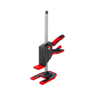Aparelho de fixação manual preto e vermelho com barra metálica vertical e base com texto BESSEY.