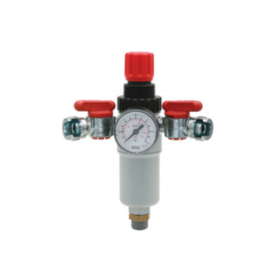 Regulador de pressão com manómetro e válvulas vermelhas