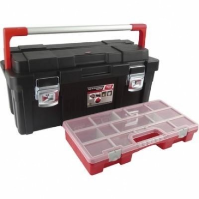 Caixa de ferramentas preta e vermelha com caixa organizadora transparente e vermelha à frente