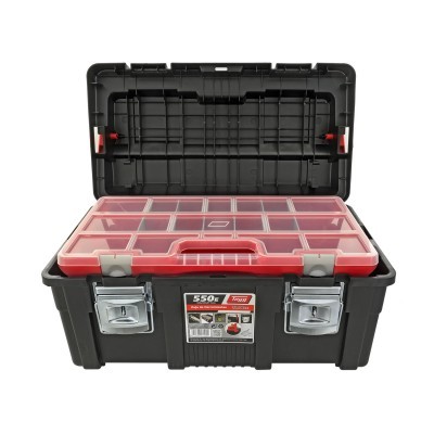 Caixa de ferramentas preta com organizador interno em rosa e tampa aberta