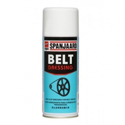 Lata spray Spanjaard Belt Dressing com tampa branca e rótulo preto azul vermelho