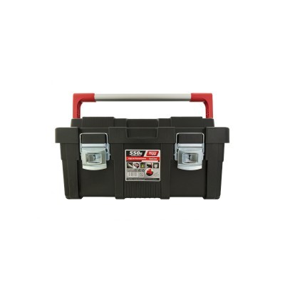 Caixa de ferramentas preta com pega vermelha e branca e fechos metálicos prateados