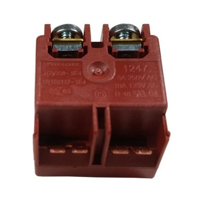 Peça elétrica vermelha com terminais metálicos e parafusos, texto em relevo