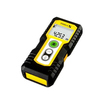 Aparelho medidor laser digital preto e amarelo Stabila com ecrã digital