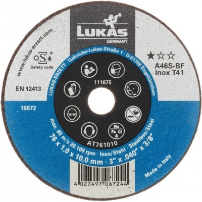 Disco de corte LUKAS A46S-BF Inox T41 com etiquetas de segurança e dimensões visíveis