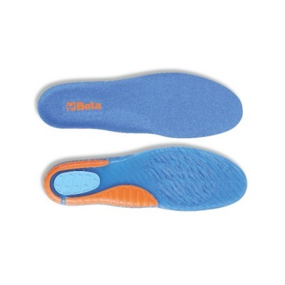 Palmilhas azuis com detalhes laranja e azul claro, logo Beta