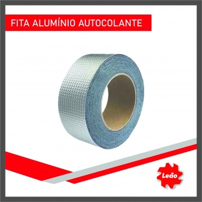 Rolo de fita de alumínio autocolante prateada com textura e texto em fundo branco