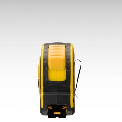 Fita métrica preta e amarela com botão amarelo