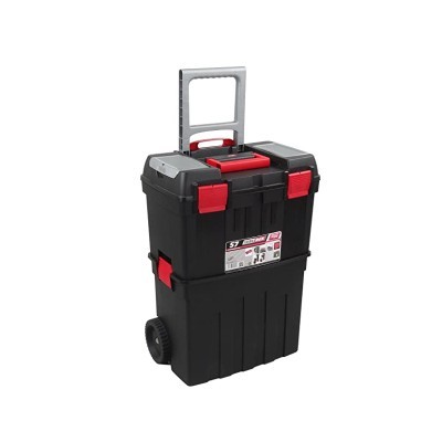 Caixa organizadora de ferramentas preta com fechos vermelhos e pega extensível cinzenta.