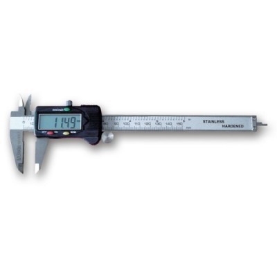 Paquímetro digital de aço inoxidável com display e texto 'STAINLESS HARDENED'