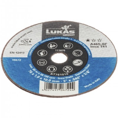 Disco de corte para metal LUKAS Germany A46S-BF Inox T41 com etiquetas e código de barras