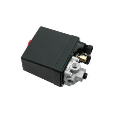 Dispositivo mecânico preto com componentes metálicos em fundo branco