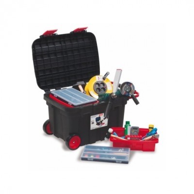 Caixa de ferramentas preta com rodas vermelhas e ferramentas visíveis