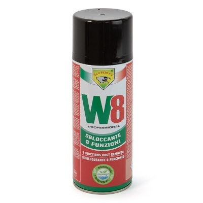 Lata de spray desinfetante W8 com tampa preta e rótulo verde e vermelho