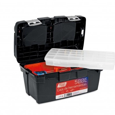 Caixa de ferramentas TGW 500E preta com compartimentos vermelhos e tampa transparente
