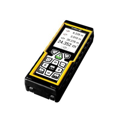 Medidor laser de distância STABILA digital preto e amarelo com ecrã e botões.
