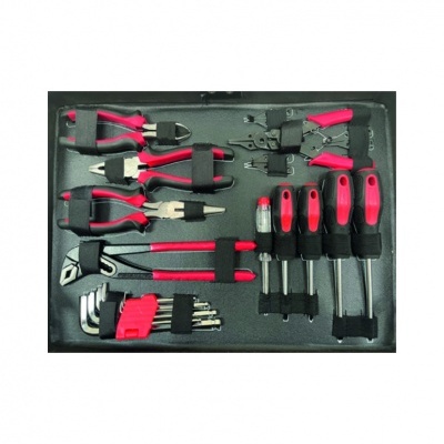 Conjunto de ferramentas manuais com cabos vermelhos e pretos organizadas em base preta