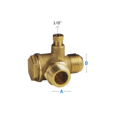 Conector metálico em latão com três conexões rosqueadas em fundo branco
