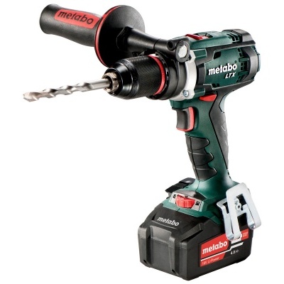 Broca elétrica cordless Metabo LTX preto e verde com bateria e alça de apoio