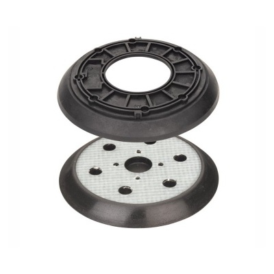 Suporte para lixadeira em plástico preto com superfície branca perfurada