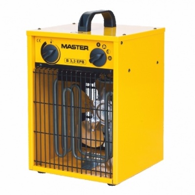 Aparelho de aquecimento portátil amarelo com grelha preta e rodas de controlo pretas