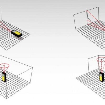 Dispositivo negro e amarelo numa grelha 3D com linhas vermelhas a representar sinal