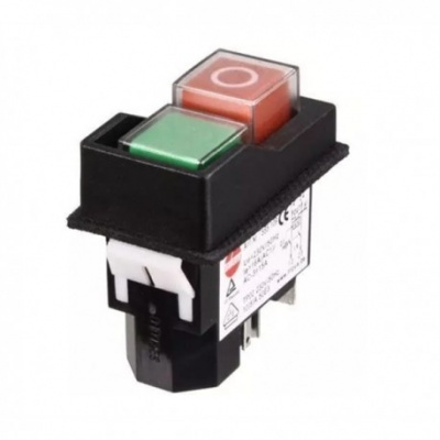 Interruptor elétrico com botão verde e vermelho em caixa preta