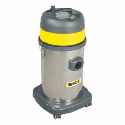 aspirador industrial cilíndrico metálico cinza e amarelo em roda