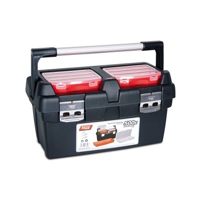Caixa de ferramentas preta com tampas vermelhas e alça prateada
