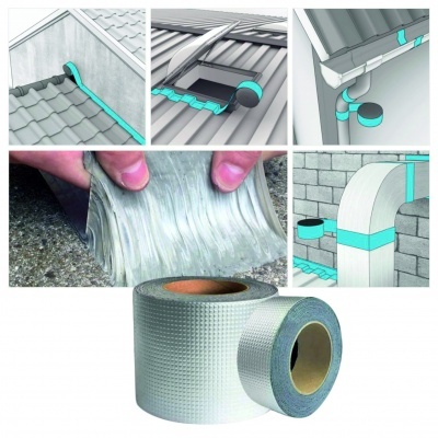 Rolo de fita adesiva impermeável prateada e exemplos de uso em telhados e calhas