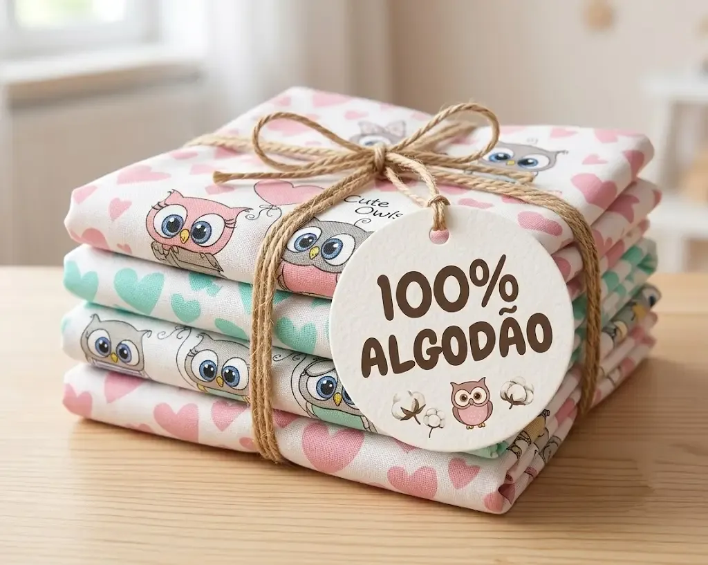Cortinados Infantis Corujinhas tecidos coloridos 100% algodão com estampado de corujas e corações