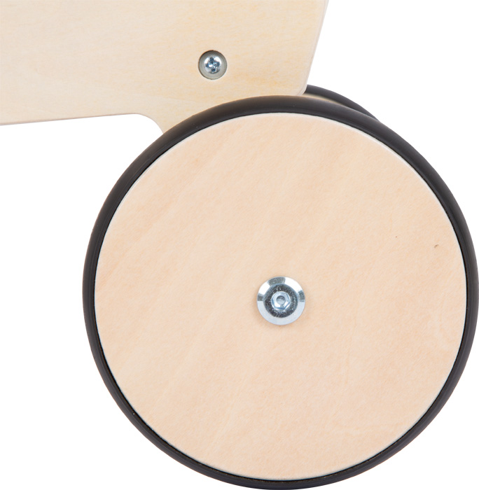 Carrinho de Compras de Madeira Roda de madeira clara com borda preta fixada a estrutura de madeira