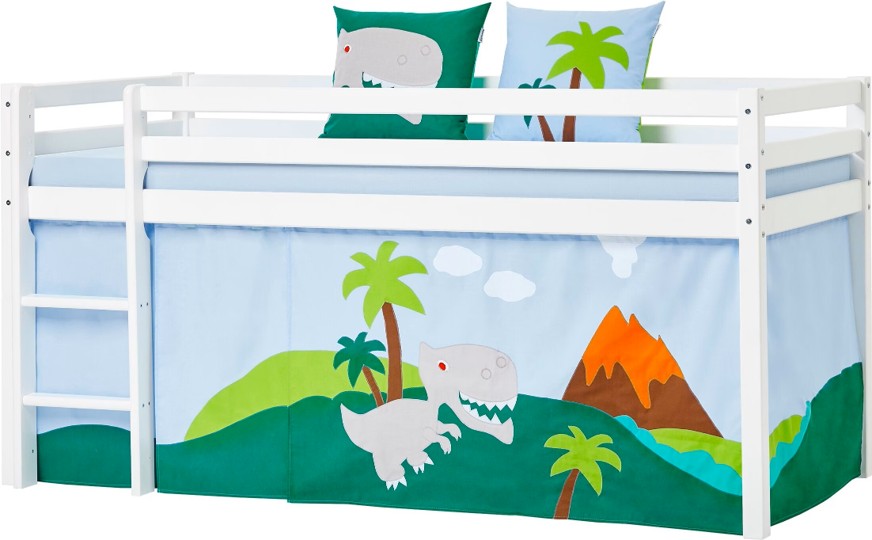 Conjunto de Almofadas Dino Cama infantil branca com tecido decorativo azul de dinossauros e palmeiras