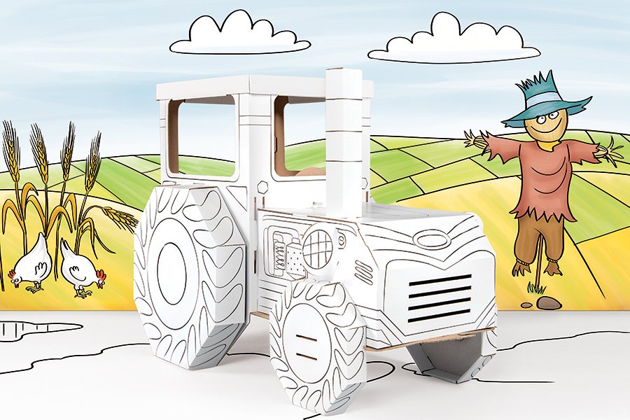 Trator para Colorir Tractor de cartão branco para pintar com fundo de desenho animado de quinta