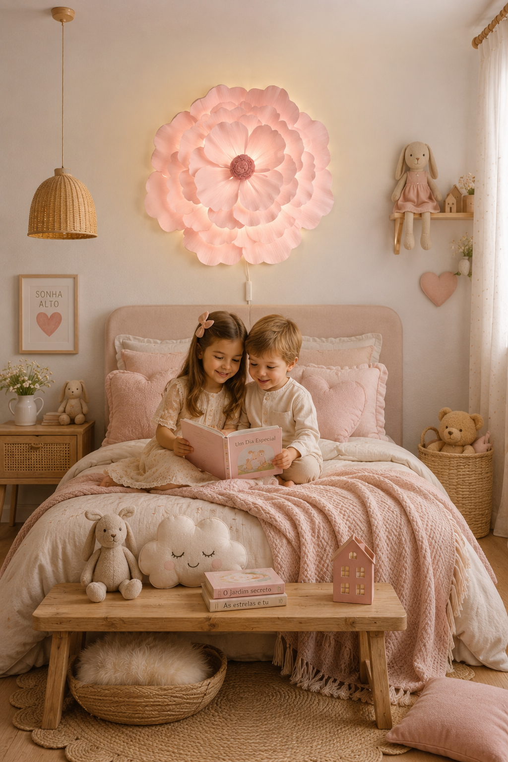 Candeeiro LED de Parede Flor Quarto infantil em tons rosa claro com cama, abajur em forma de flor, peluches e livros.