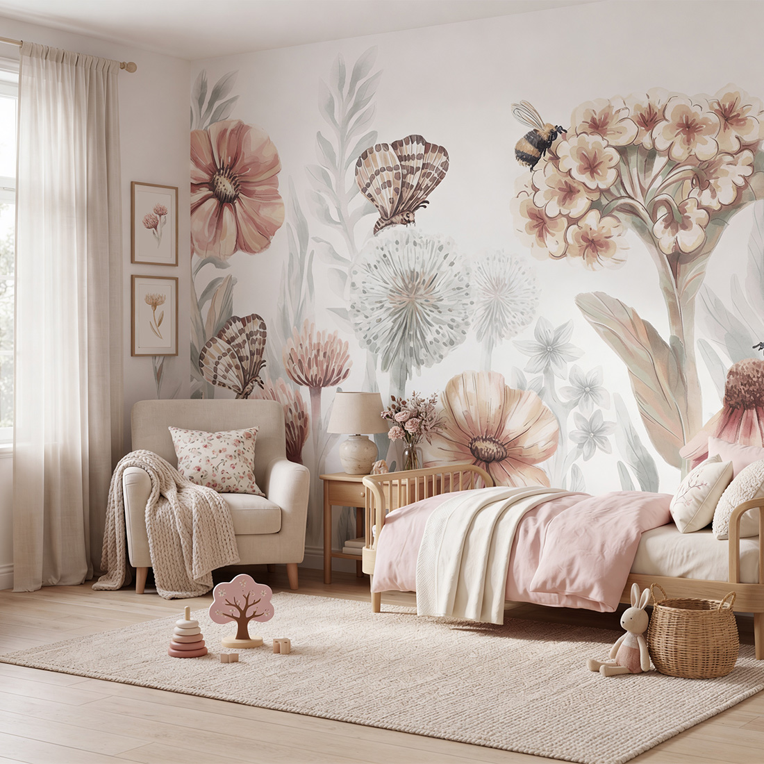 Papel de Parede Infantil Flores Silvestres Grandes Quarto infantil com decoração floral e móveis de madeira clara