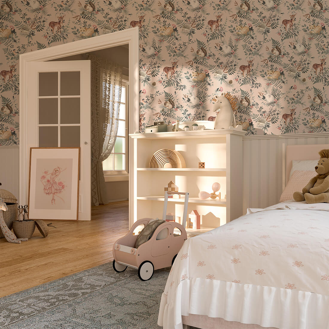 Papel de Parede Floresta ROSA Quarto infantil com cama branca, brinquedo de carro rosa e papel de parede floral