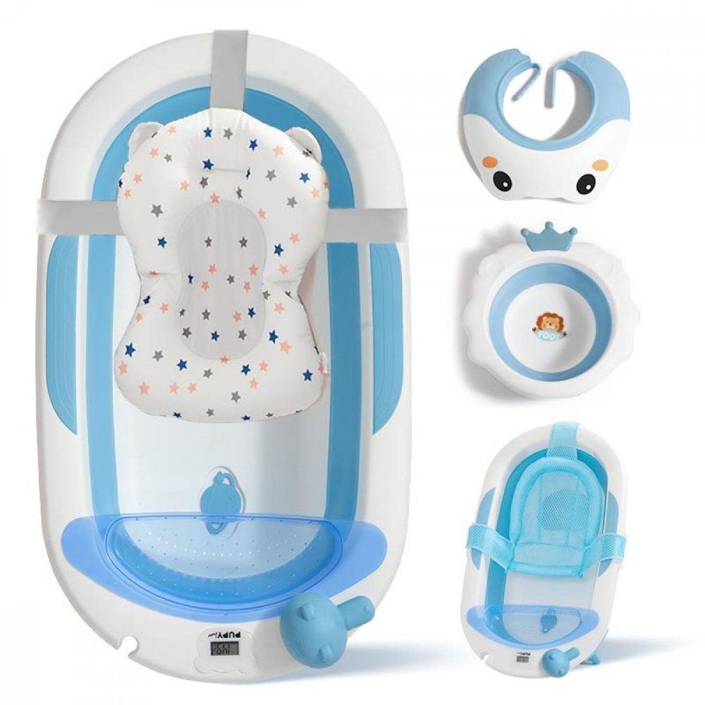 Banheira Dobrável de Silicone para Bebé - Kit 7 Peças Conjunto de banho para bebé com almofada estrela, balança, babete, tigela e assento de rede azul e branco