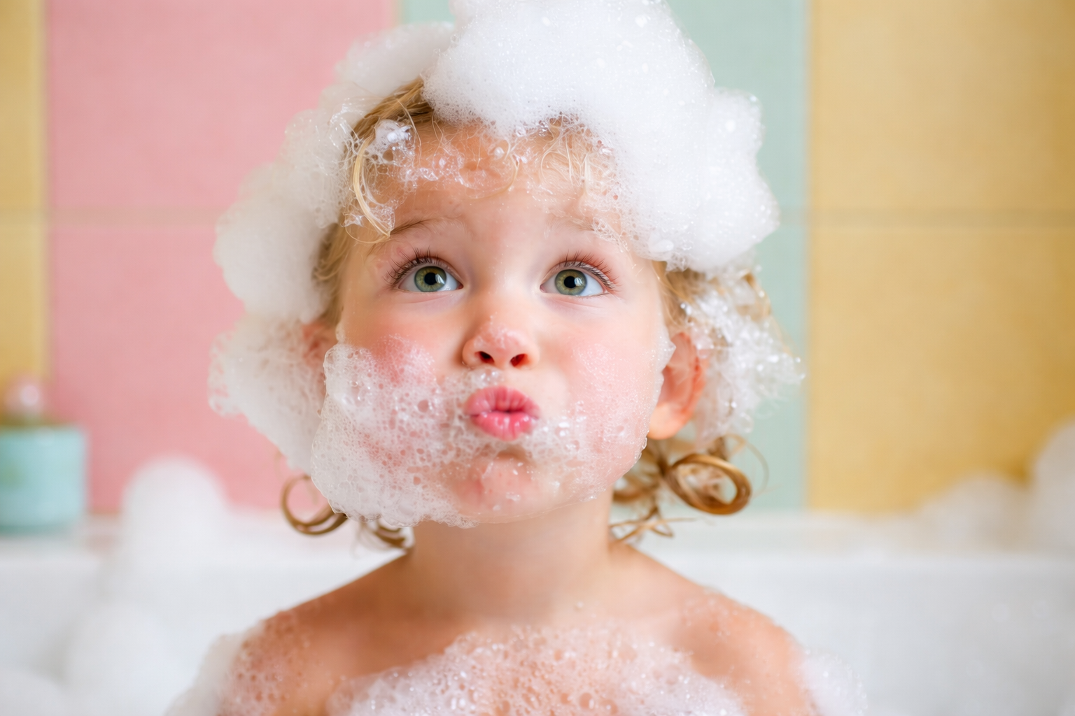 Criança com espuma de sabão na cabeça e rosto durante banho