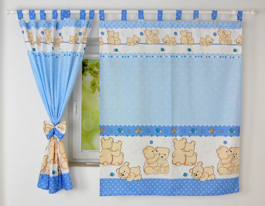 Cortinados Infantis Ursinhos Cortinado azul infantil com ursos castanhos e estrelas brancas
