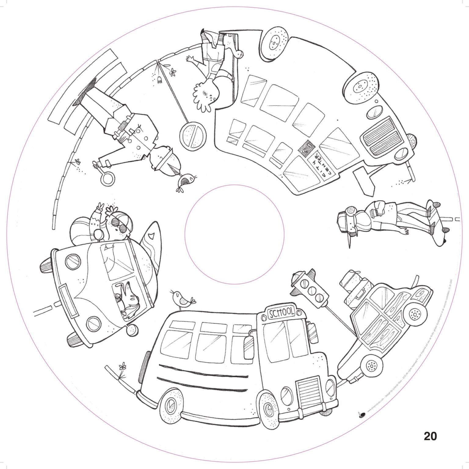 Recarga de Folhas para Colorir - A Vida na Cidade CD com ilustrações infantis de veículos, crianças e sinais de trânsito a preto e branco.