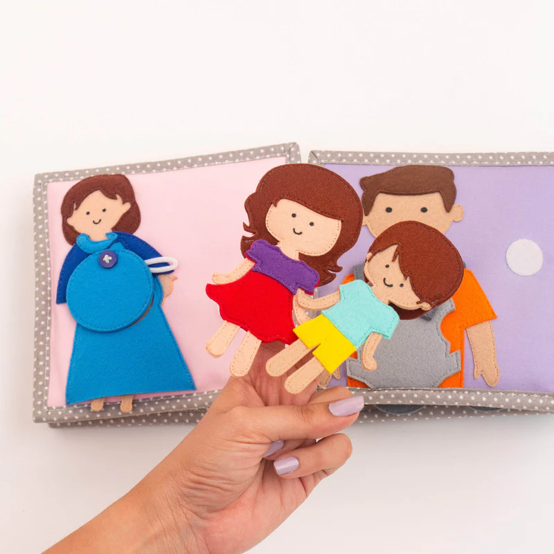 Bebé Feliz – MINI Livro Sensorial de 6 Páginas Livro macio de tecido com figuras em feltro coloridas representando pessoas