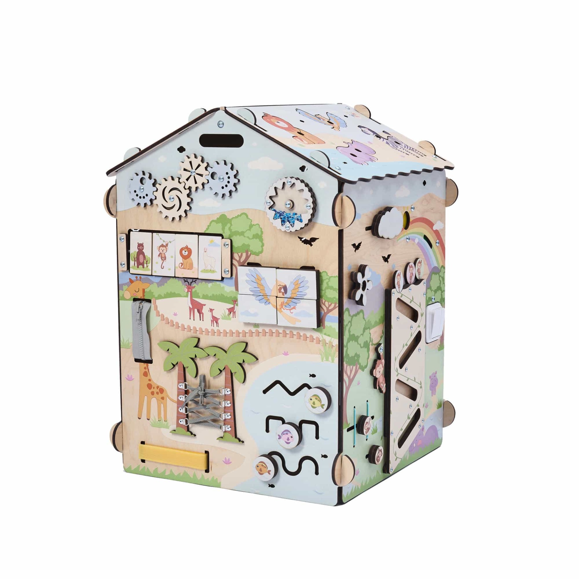 Casa de Madeira Atividades ZOO Caixa educativa de madeira com desenhos coloridos de animais, árvores e engrenagens
