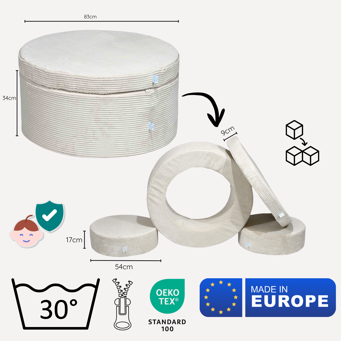 Conjunto Pufe Modular em Veludo Cotelê Bege Pufe redondo em tecido riscado bege claro desmontável em três partes com etiquetas azuis