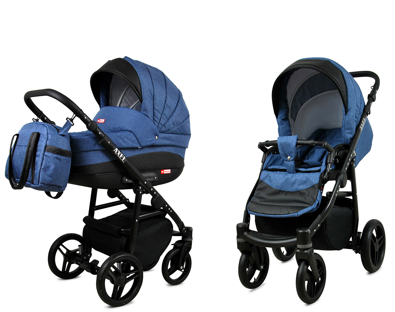 Carrinho de Bebé Axel 2 em 1 Carrinho de bebé azul com estrutura preta em dois modos de assento e saco azul no guiador.
