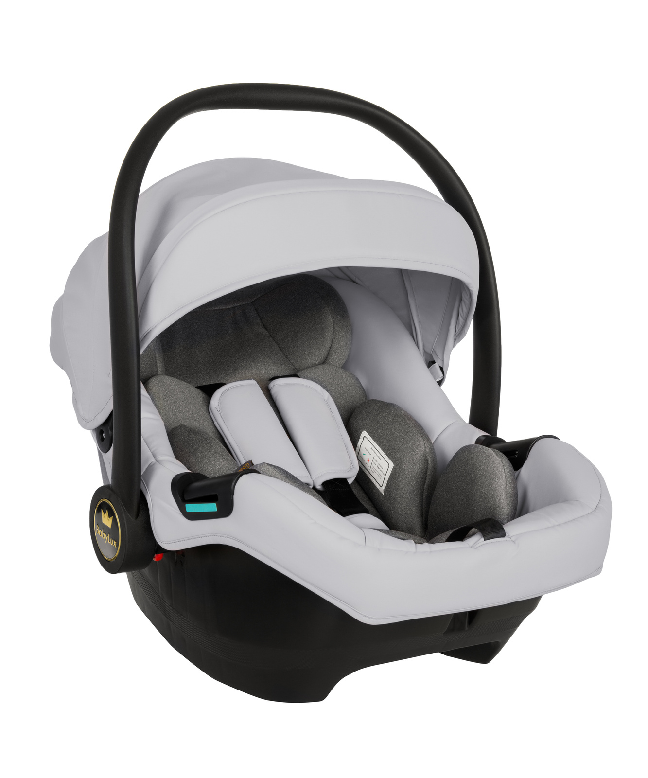 Cadeiras Tiesto R129 ISOFIX Cadeira auto para bebé BabyLux cinzento e branco com pega preta e arnês de segurança