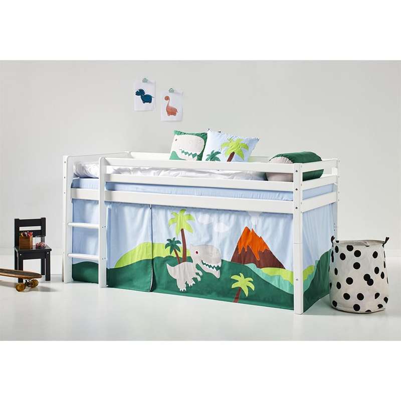 Cortina de Cama Eco Dream – Dino cama alta branca com cortina azul clara decorada com dinossauro e vulcão