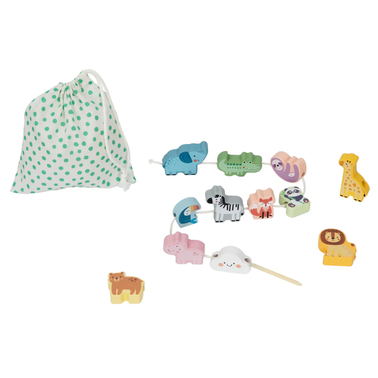 Caixa de Brinquedos Educativos Montessori 18–24 Meses em Madeira Brinquedo de conta de madeira com animais coloridos e saco de tecido branco com pontos verdes