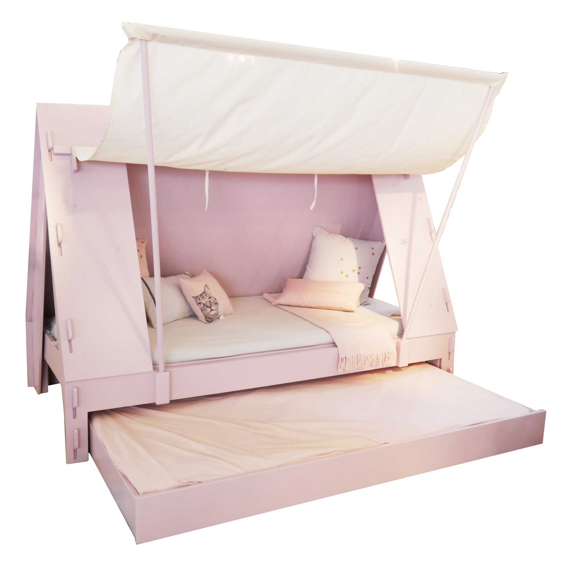 Cama Infantil TENDA com Gaveta Cama infantil rosa claro com tenda branca removível e colchão retrátil