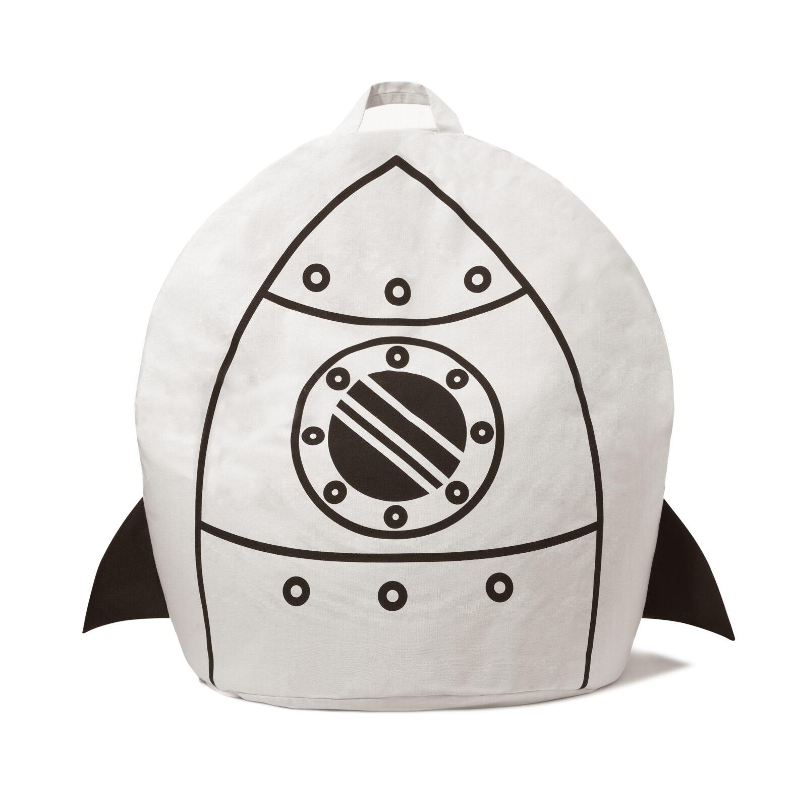 Pufe Bini Grande FOGUETÃO Mochila branca com desenho de foguete preto e asas laterais pretas